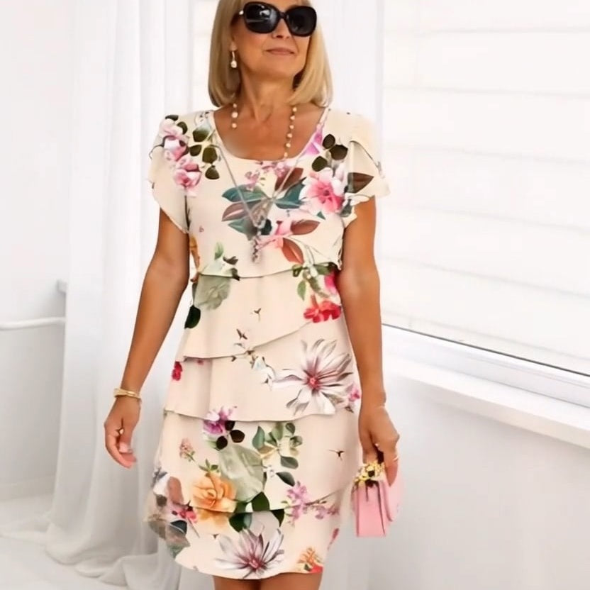 Primrose | Jurk met bloemenprint en cascade – zomer midi, romantisch elegante casual feestjurk