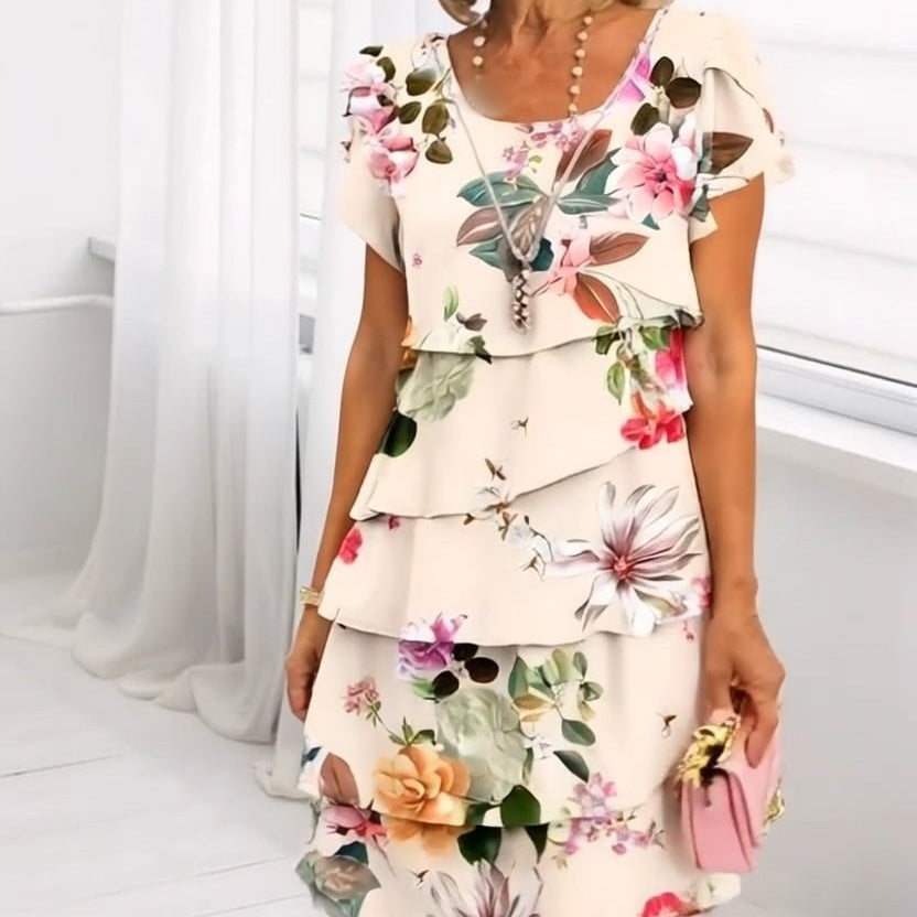 Primrose | Jurk met bloemenprint en cascade – zomer midi, romantisch elegante casual feestjurk