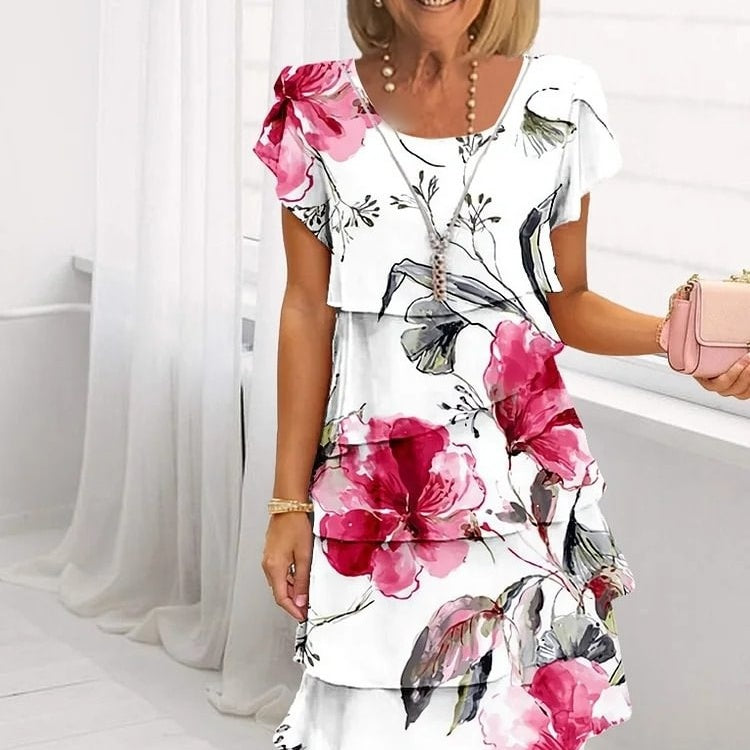 Primrose | Jurk met bloemenprint en cascade – zomer midi, romantisch elegante casual feestjurk