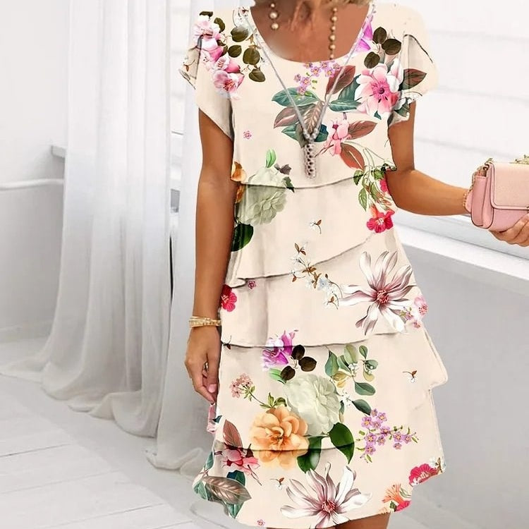 Primrose | Jurk met bloemenprint en cascade – zomer midi, romantisch elegante casual feestjurk