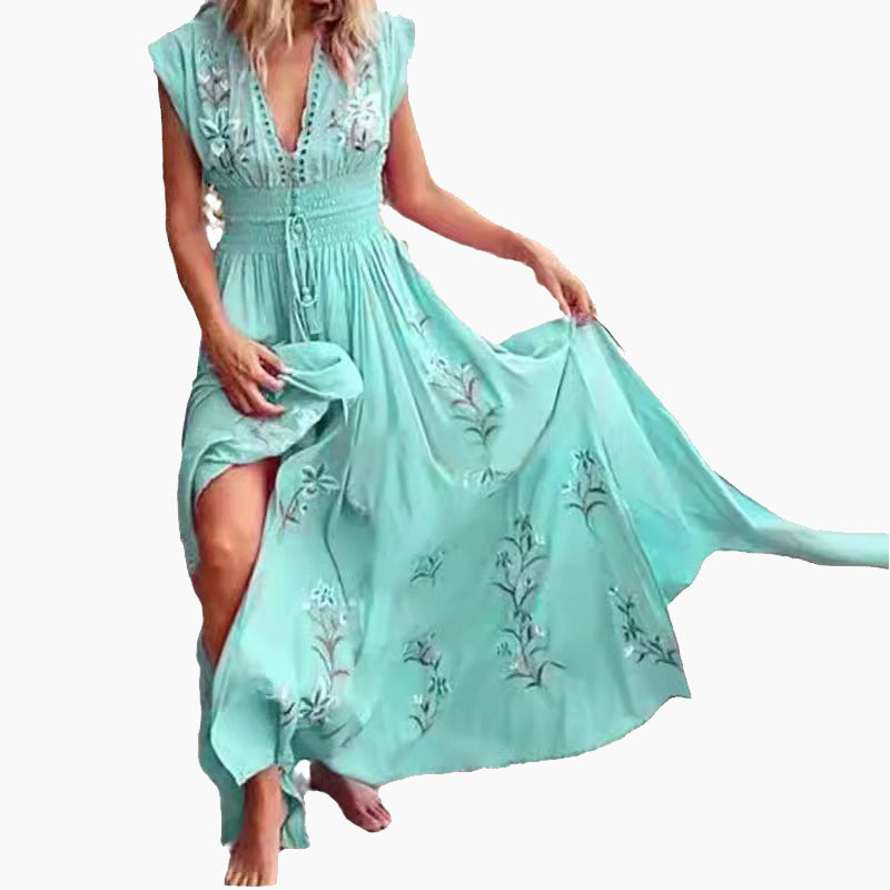 Seraya | Dames Mouwloze Boho Maxi Jurk – Elastische Taille, Geborduurde Zomer Lange Jurk