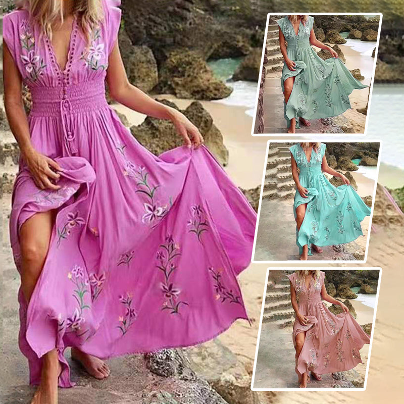Seraya | Dames Mouwloze Boho Maxi Jurk – Elastische Taille, Geborduurde Zomer Lange Jurk