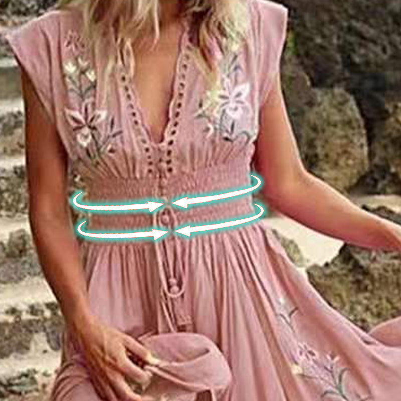 Seraya | Dames Mouwloze Boho Maxi Jurk – Elastische Taille, Geborduurde Zomer Lange Jurk