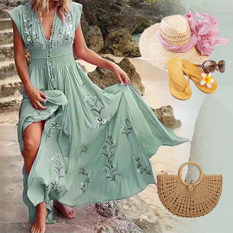 Seraya | Dames Mouwloze Boho Maxi Jurk – Elastische Taille, Geborduurde Zomer Lange Jurk