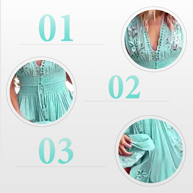 Seraya | Dames Mouwloze Boho Maxi Jurk – Elastische Taille, Geborduurde Zomer Lange Jurk