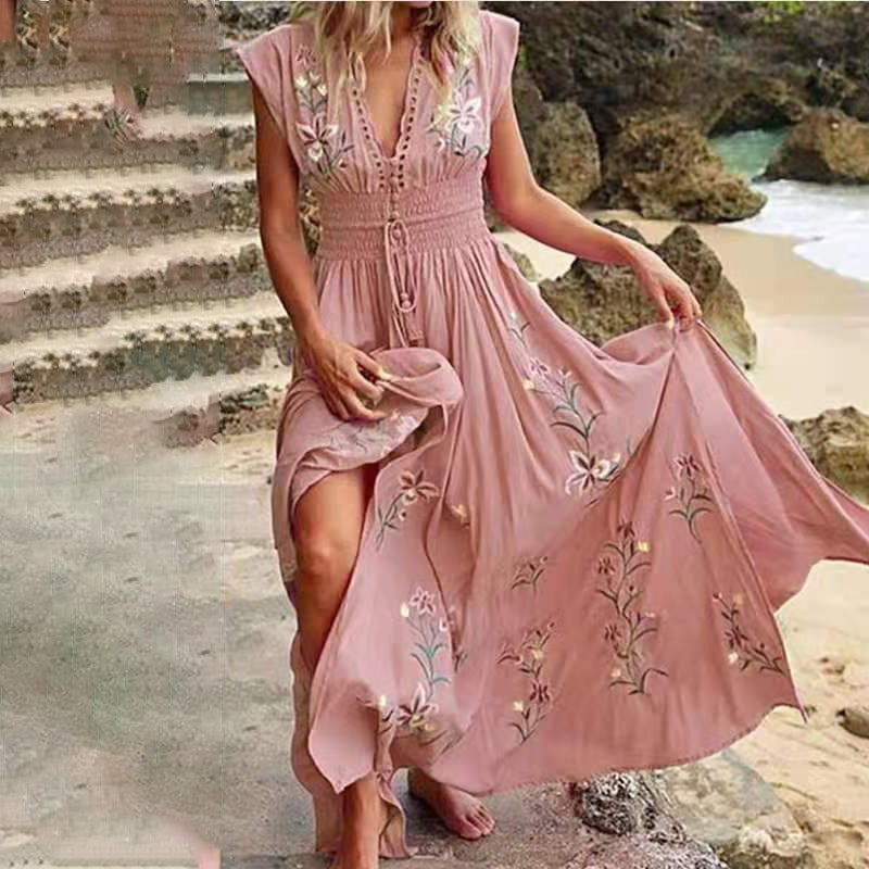 Seraya | Dames Mouwloze Boho Maxi Jurk – Elastische Taille, Geborduurde Zomer Lange Jurk
