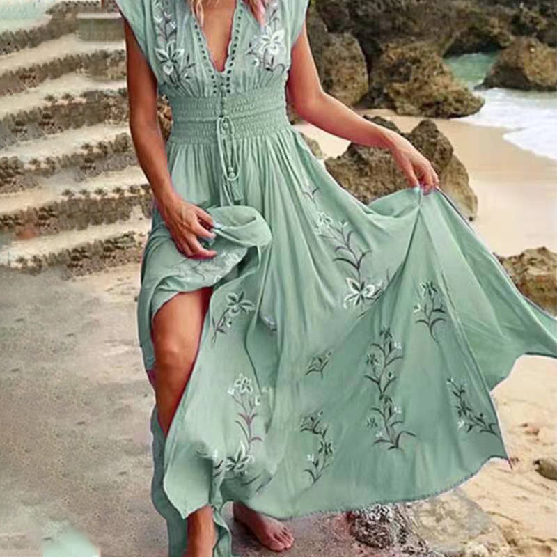 Seraya | Dames Mouwloze Boho Maxi Jurk – Elastische Taille, Geborduurde Zomer Lange Jurk