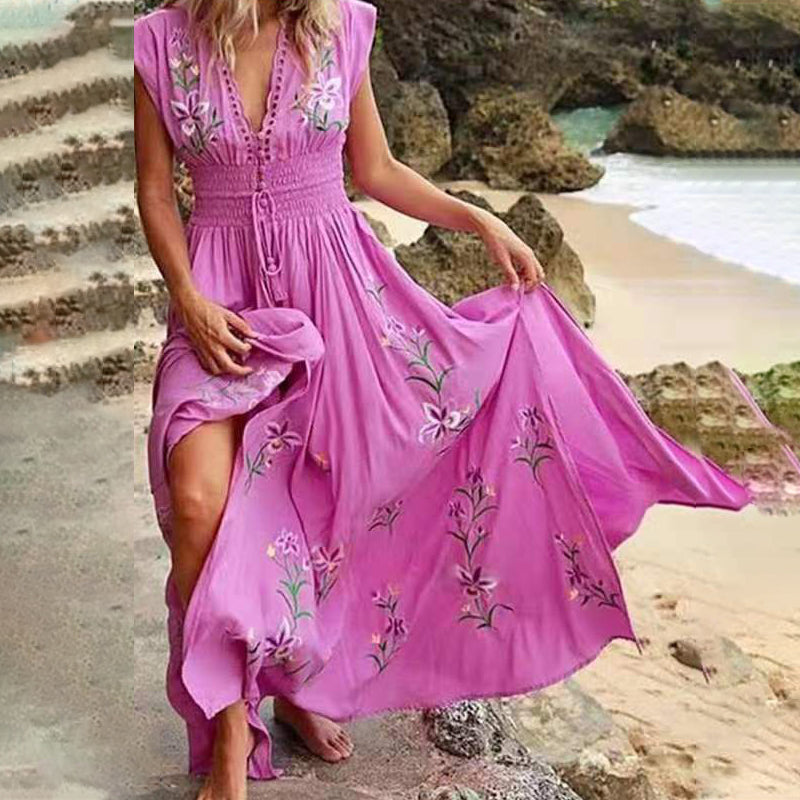 Seraya | Dames Mouwloze Boho Maxi Jurk – Elastische Taille, Geborduurde Zomer Lange Jurk