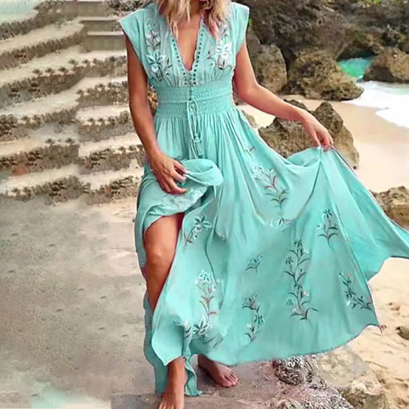 Seraya | Dames Mouwloze Boho Maxi Jurk – Elastische Taille, Geborduurde Zomer Lange Jurk