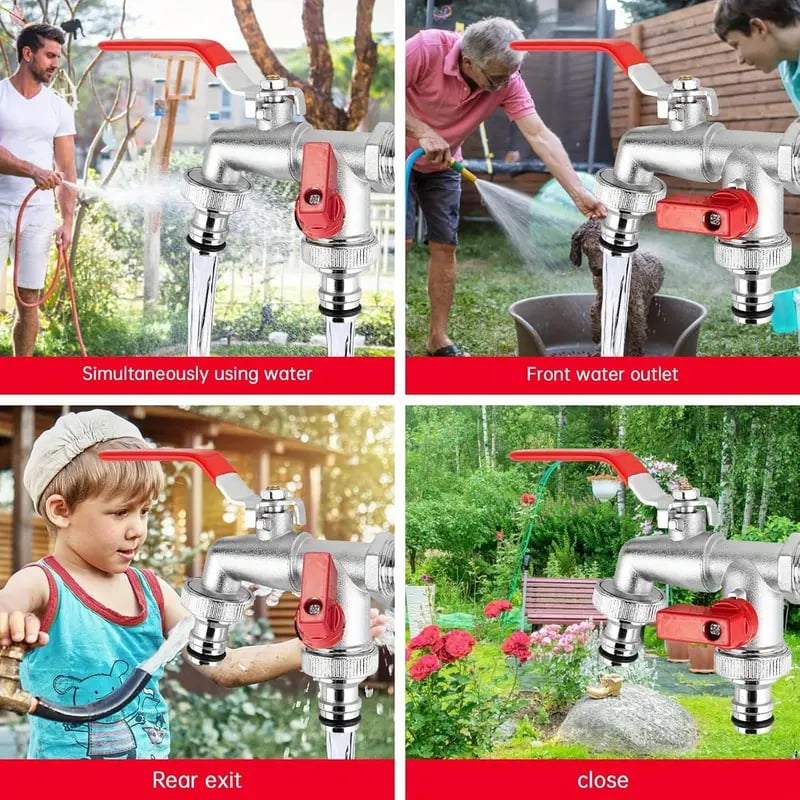 EcoFlow | Roestvrijstalen dubbele tuinkraan - dubbele buitenkraan voor slang