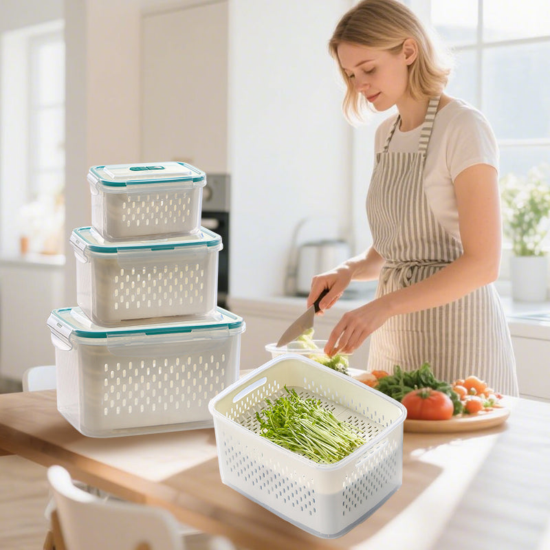 SnapFresh | 2-in-1 Fresh-Keep & Drain voedselbewaarbox - luchtdichte, lekvrije container voor fruit, groenten en maaltijdbereiding