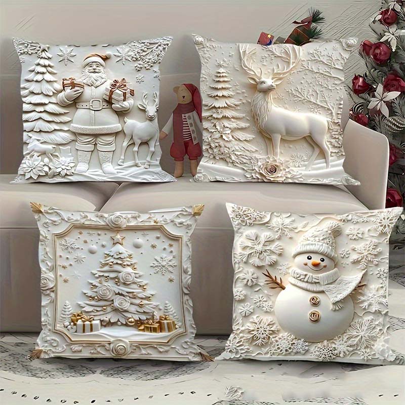 CozyJoy | 4-delige kerstkussensloopset – Kerstman, sneeuwpop, kerstboom en rendier, feestelijke kerstdecoratie