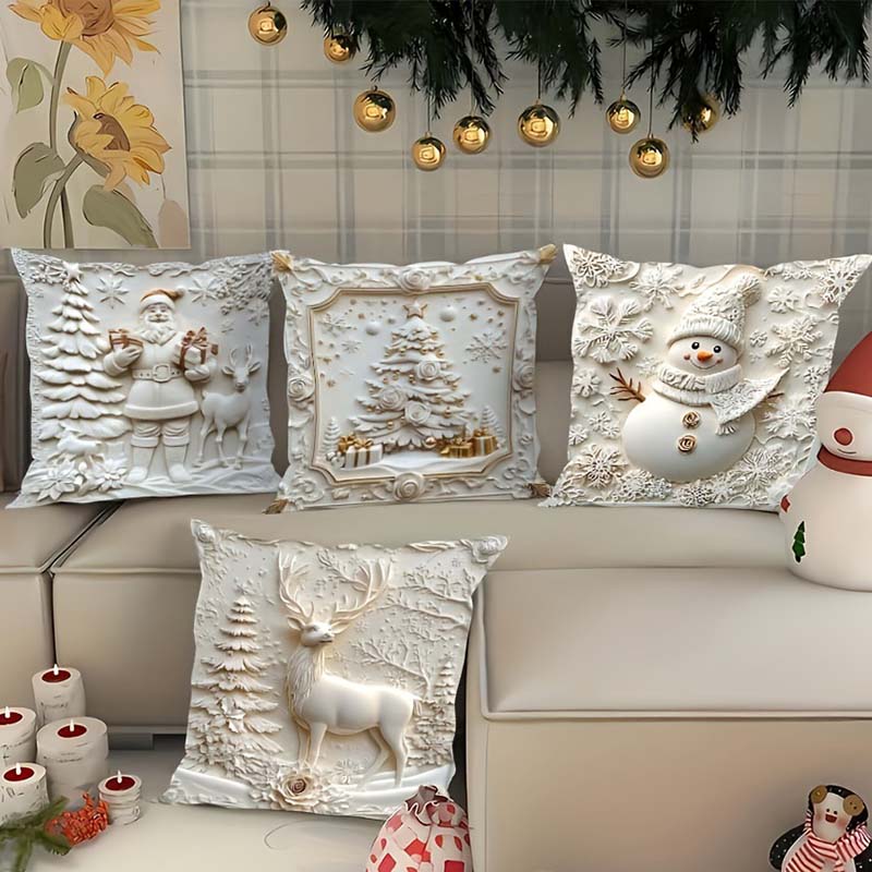 CozyJoy | 4-delige kerstkussensloopset – Kerstman, sneeuwpop, kerstboom en rendier, feestelijke kerstdecoratie