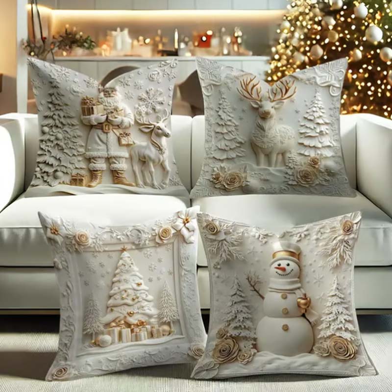 CozyJoy | 4-delige kerstkussensloopset – Kerstman, sneeuwpop, kerstboom en rendier, feestelijke kerstdecoratie