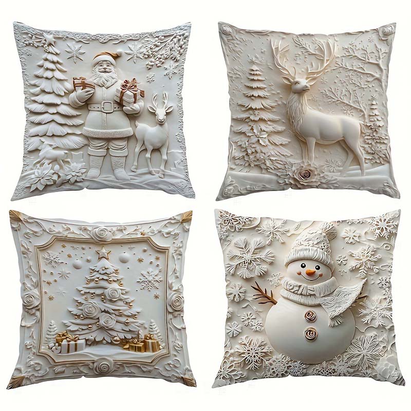 CozyJoy | 4-delige kerstkussensloopset – Kerstman, sneeuwpop, kerstboom en rendier, feestelijke kerstdecoratie