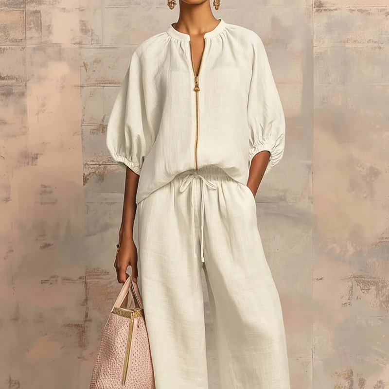 Valena | Set voor dames – Outfit met blouse met pofmouwen en palazzo-broek