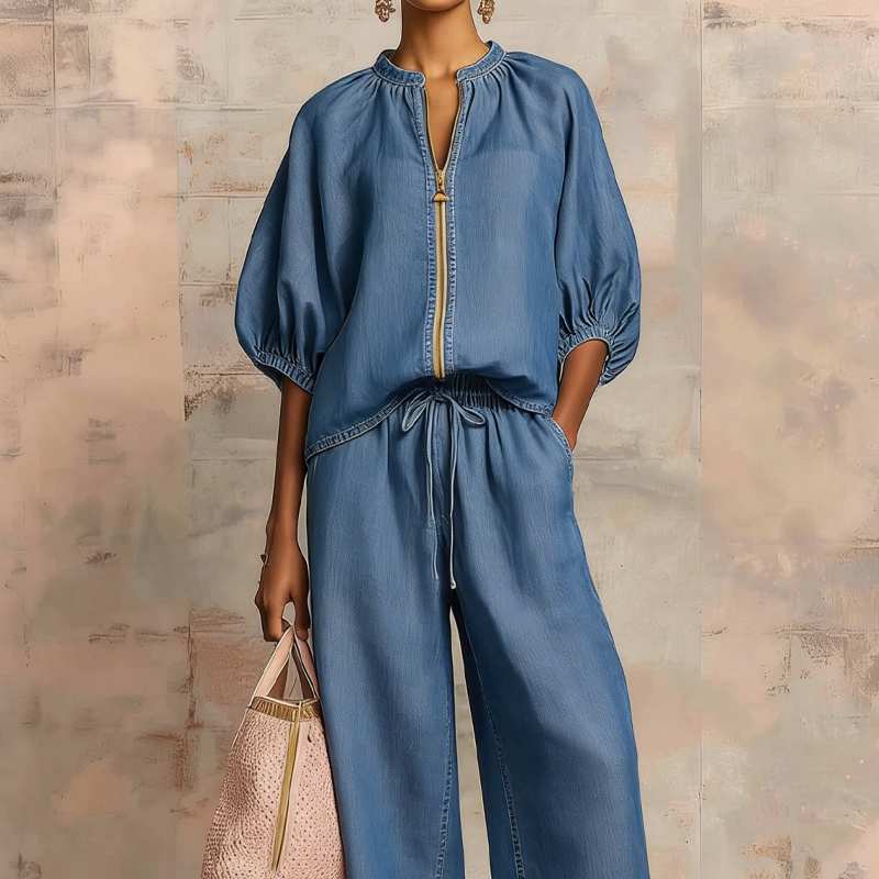Valena | Set voor dames – Outfit met blouse met pofmouwen en palazzo-broek