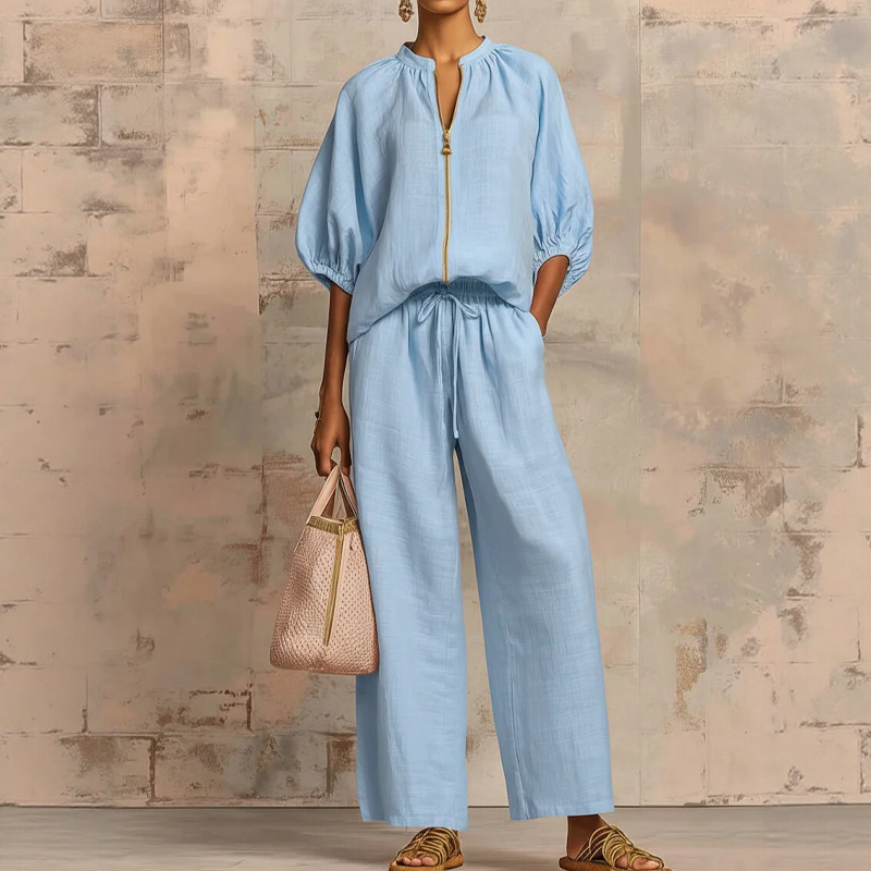 Valena | Set voor dames – Outfit met blouse met pofmouwen en palazzo-broek