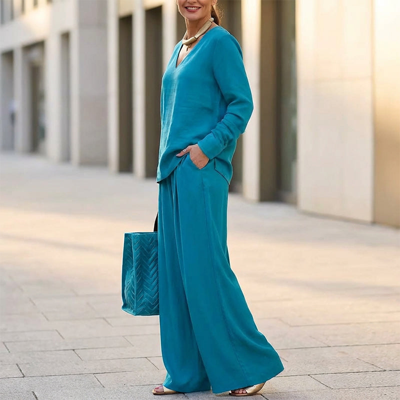 Brielleh | Loungewear-set voor dames – Casual tweedelige set met V-hals en wijde broek