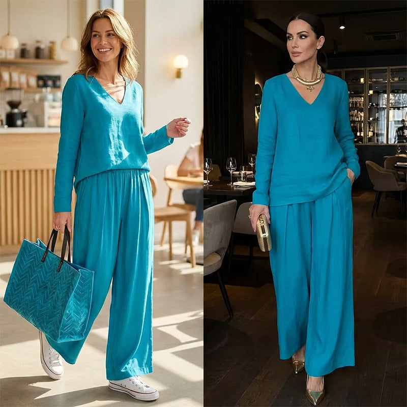 Brielleh | Loungewear-set voor dames – Casual tweedelige set met V-hals en wijde broek