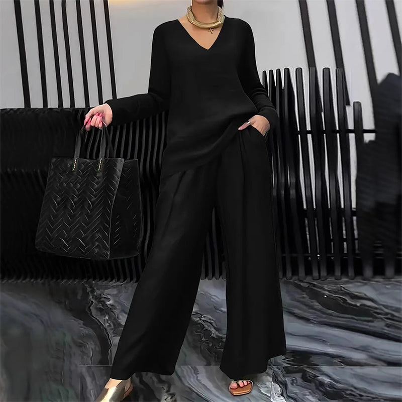 Brielleh | Loungewear-set voor dames – Casual tweedelige set met V-hals en wijde broek