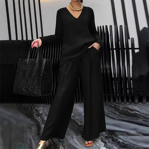 Brielleh | Loungewear-set voor dames – Casual tweedelige set met V-hals en wijde broek