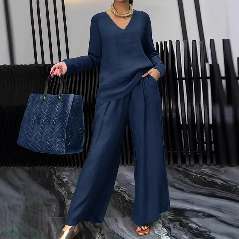Brielleh | Loungewear-set voor dames – Casual tweedelige set met V-hals en wijde broek