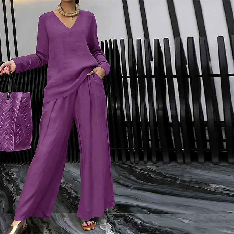 Brielleh | Loungewear-set voor dames – Casual tweedelige set met V-hals en wijde broek