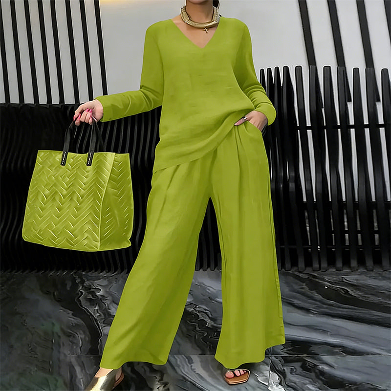 Brielleh | Loungewear-set voor dames – Casual tweedelige set met V-hals en wijde broek