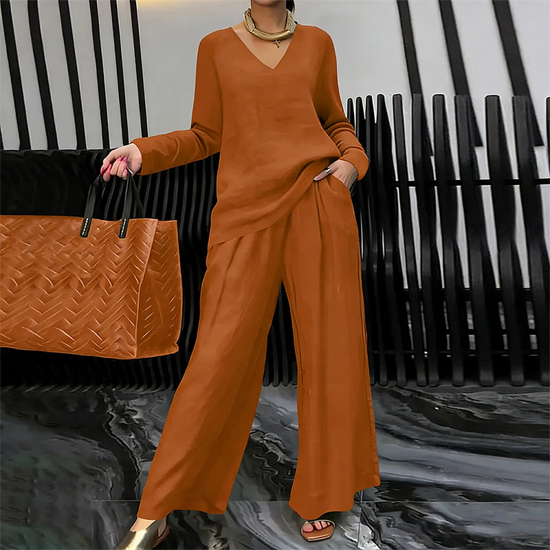Brielleh | Loungewear-set voor dames – Casual tweedelige set met V-hals en wijde broek