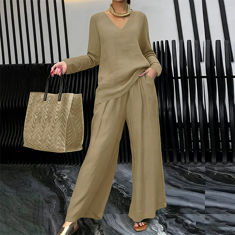 Brielleh | Loungewear-set voor dames – Casual tweedelige set met V-hals en wijde broek
