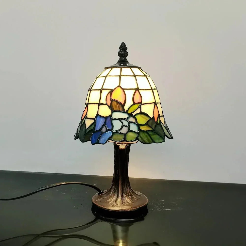 FloraLamp | Orchidee tafellamp van gebrandschilderd glas - Retro LED bureaulamp met voet van geborsteld nikkel