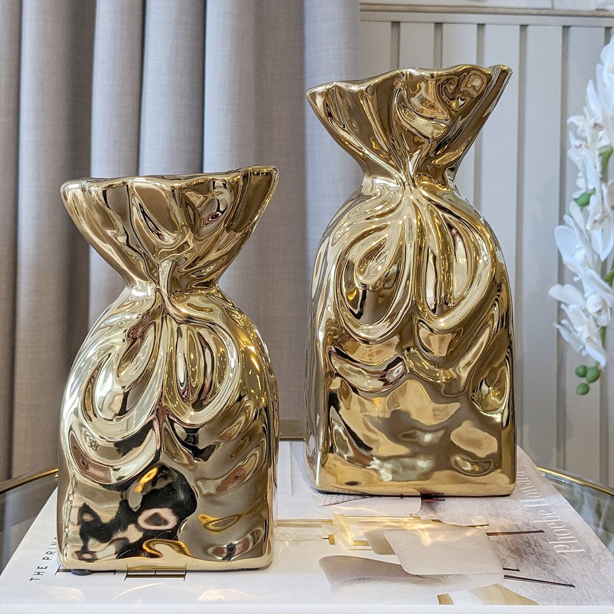 GoldenRipple | Luxe Goud Gekreukelde Zakvaas - Set van 2