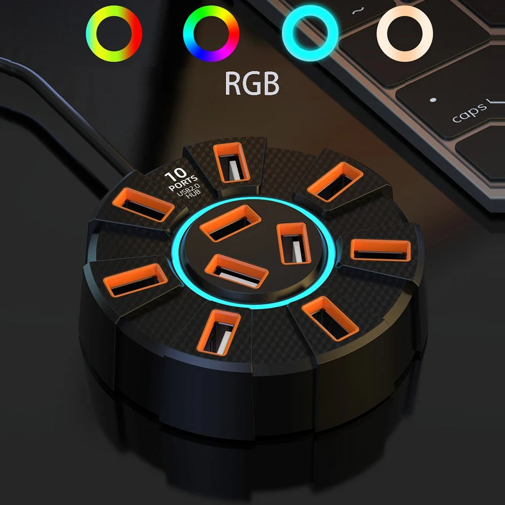 PortPair | USB-hub en splitter voor muis en toetsenbord – 10 poorten, RGB-verlichting, Type-C-voeding