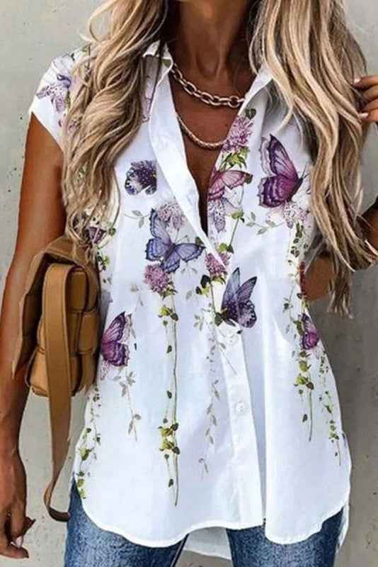 Maelis | Damesblouse met korte mouwen en vlinderprint – lichtgewicht, losse pasvorm, chique zomertop