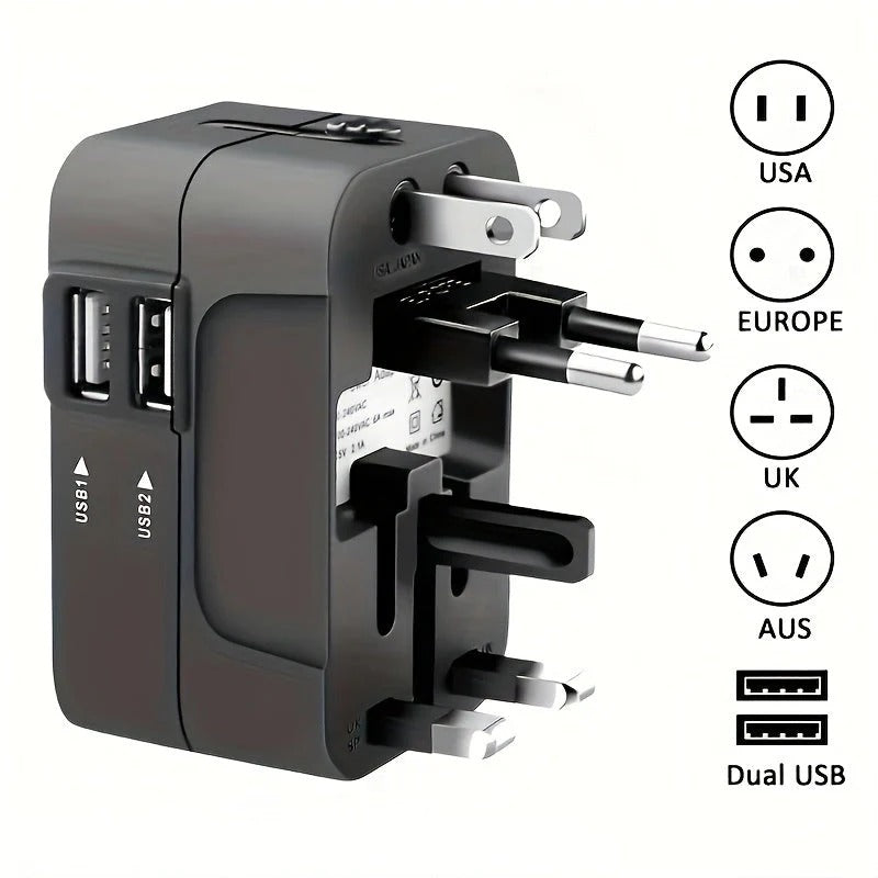 TravelPort | Wereldwijde reisadapter met dubbele USB-poorten – Compacte, universele oplader