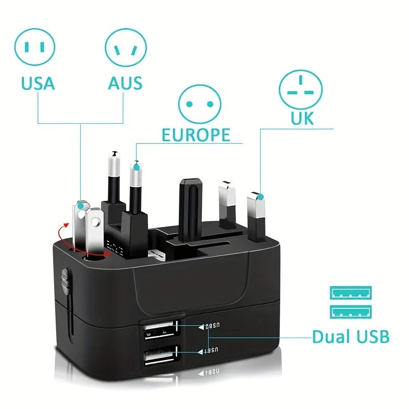 TravelPort | Wereldwijde reisadapter met dubbele USB-poorten – Compacte, universele oplader
