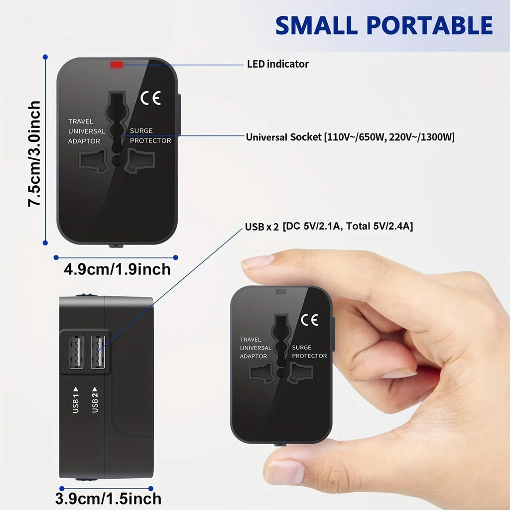 TravelPort | Wereldwijde reisadapter met dubbele USB-poorten – Compacte, universele oplader