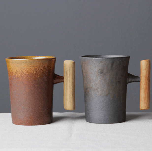 MugNatura | Keramische koffiemok in Japanse stijl met houten handvat – Vintage theekopje