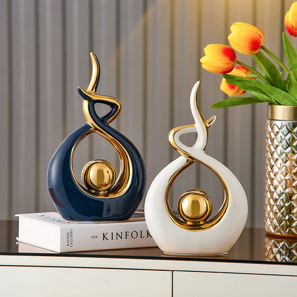 Sculptura | Abstracte keramische kunstsculptuur met gouden accenten - Modern decor voor thuis en kantoor